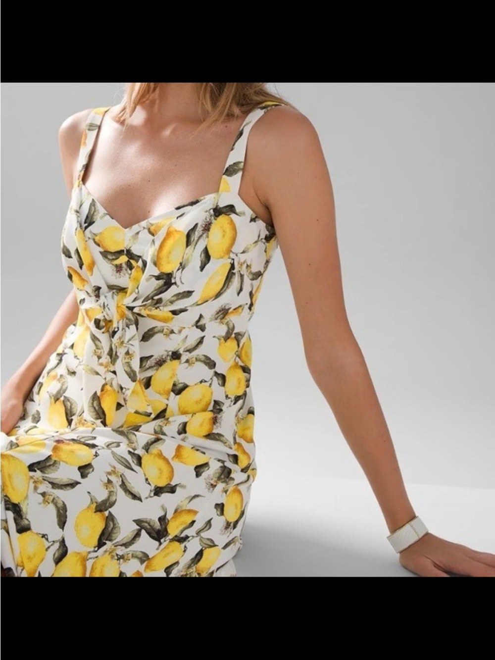 White House Black Market Lemon Print Tie Front Midi Dress
